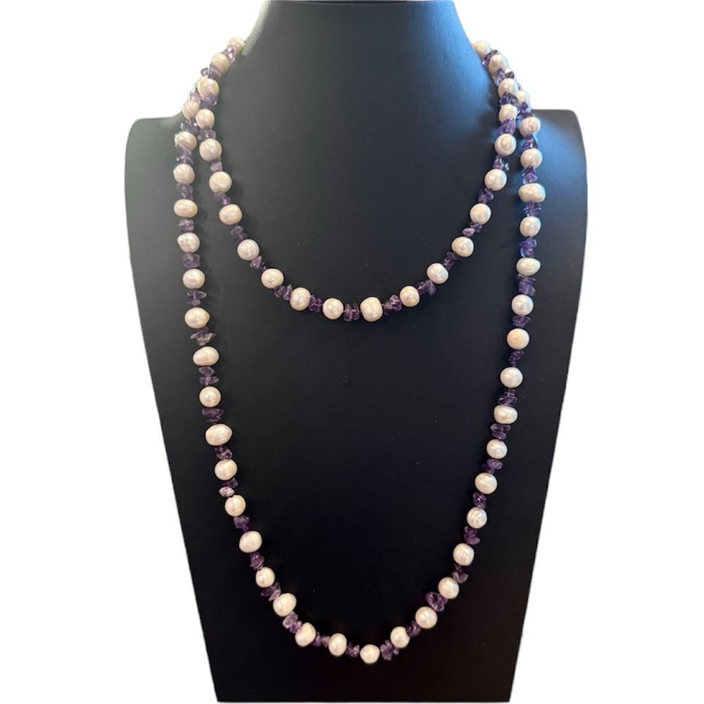 Purple Amethyst chip baroque freshwater pearl extra long double strand necklace - Picture 2 of 5